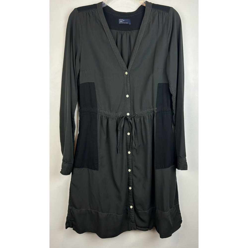 Gap Shirt Dress Womens 4 Long Sleeve Roll Tab Gray Black Viscose Cinch Waist